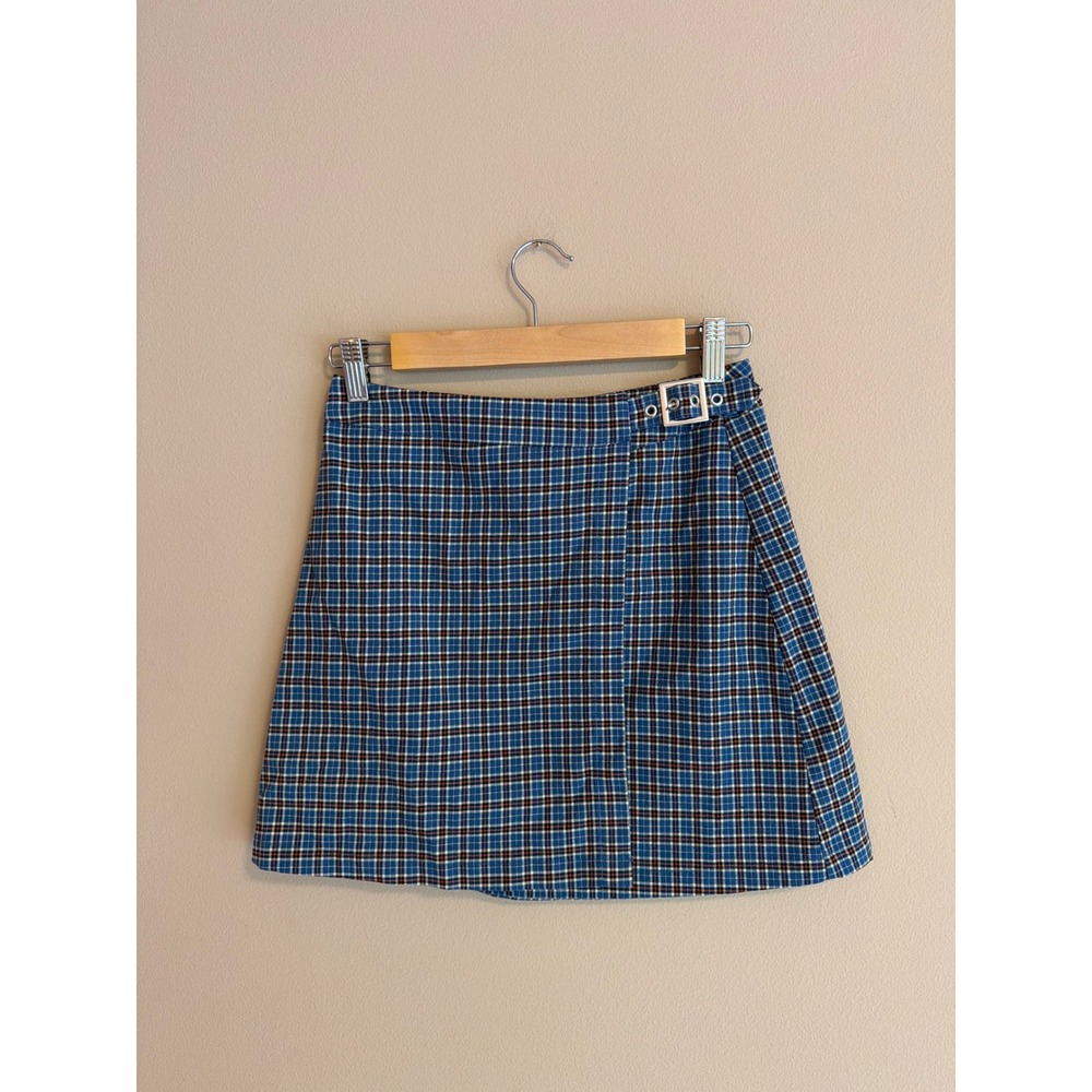 J. Galt Brandy Melville Blue Plaid Buckle Wrap Mini Skirt